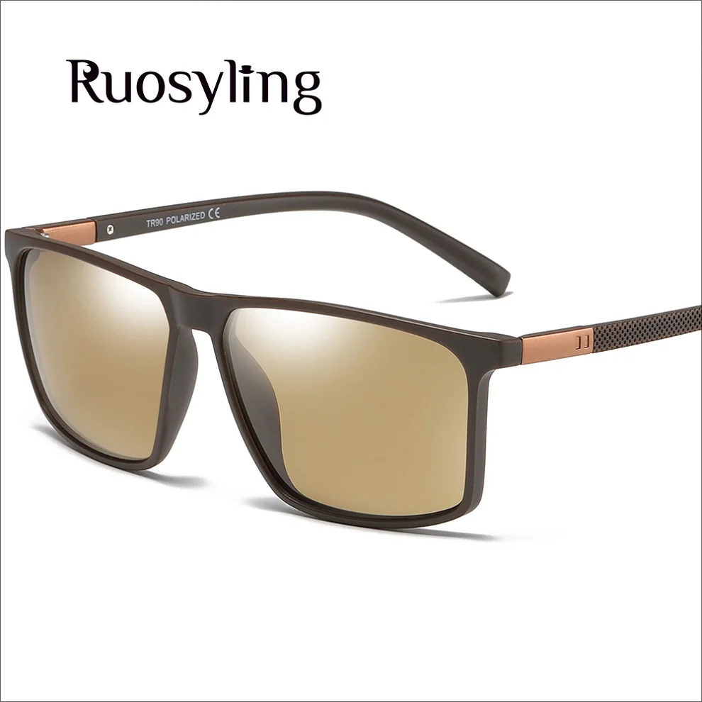 Ruosyling, мужские солнцезащитные очки, квадратные,, люксовый бренд, TR 90, квадратная оправа TAC 1,1, поляризационные, мужские солнцезащитные очки, Ретро стиль, UV400, для вождения - Цвет линз: Brown