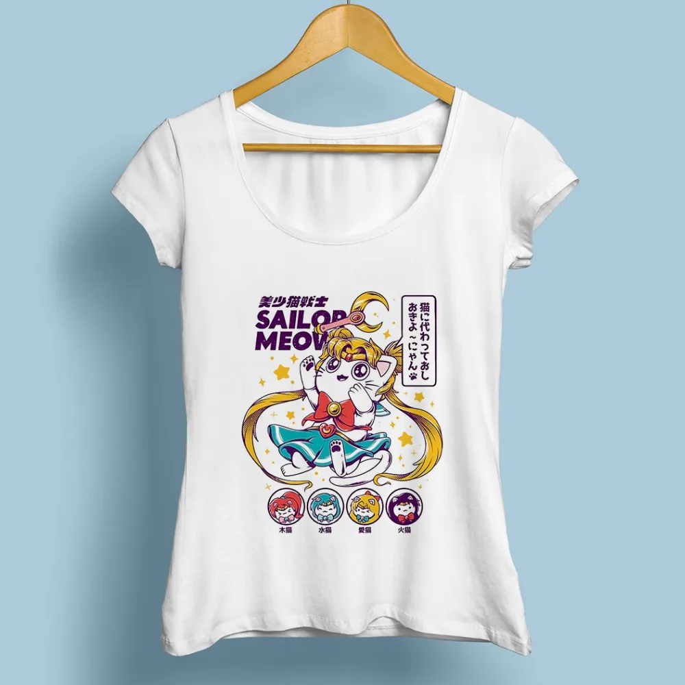 Милая забавная футболка с моряком Мяу, лунным котом, женская футболка, лето, новинка, белая, кавайная, мягкая, удобная, Harajuku, аниме, женская футболка