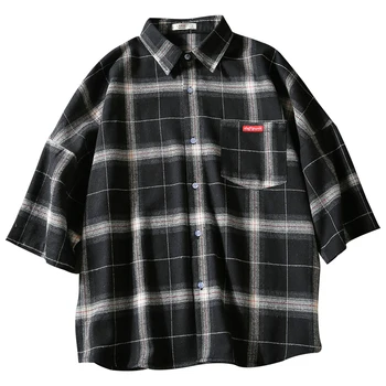 

Vintage Korean Short Sleeve Men Shirt Plaid Sport youth Fashion Casual Loose Shirt Fit Shirt Shirt Men Soft Japanese Stylish L