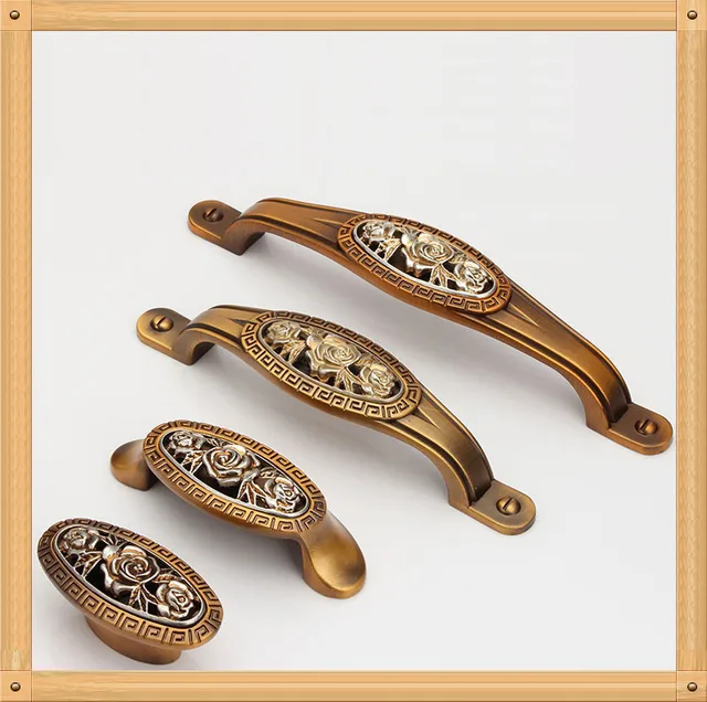 Special Offers Single/64/96/128mm European Kitchen Furniture handle pulls antique drawer knob with Rose Carving
