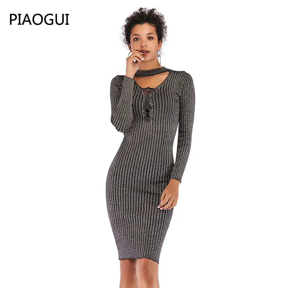 2019 Spring Sexy Sweater Dress Woman Robe Vintage Femme Long Sleeve Knitted Jumper Dresses Women Vestidos Female Office | Женская одежда