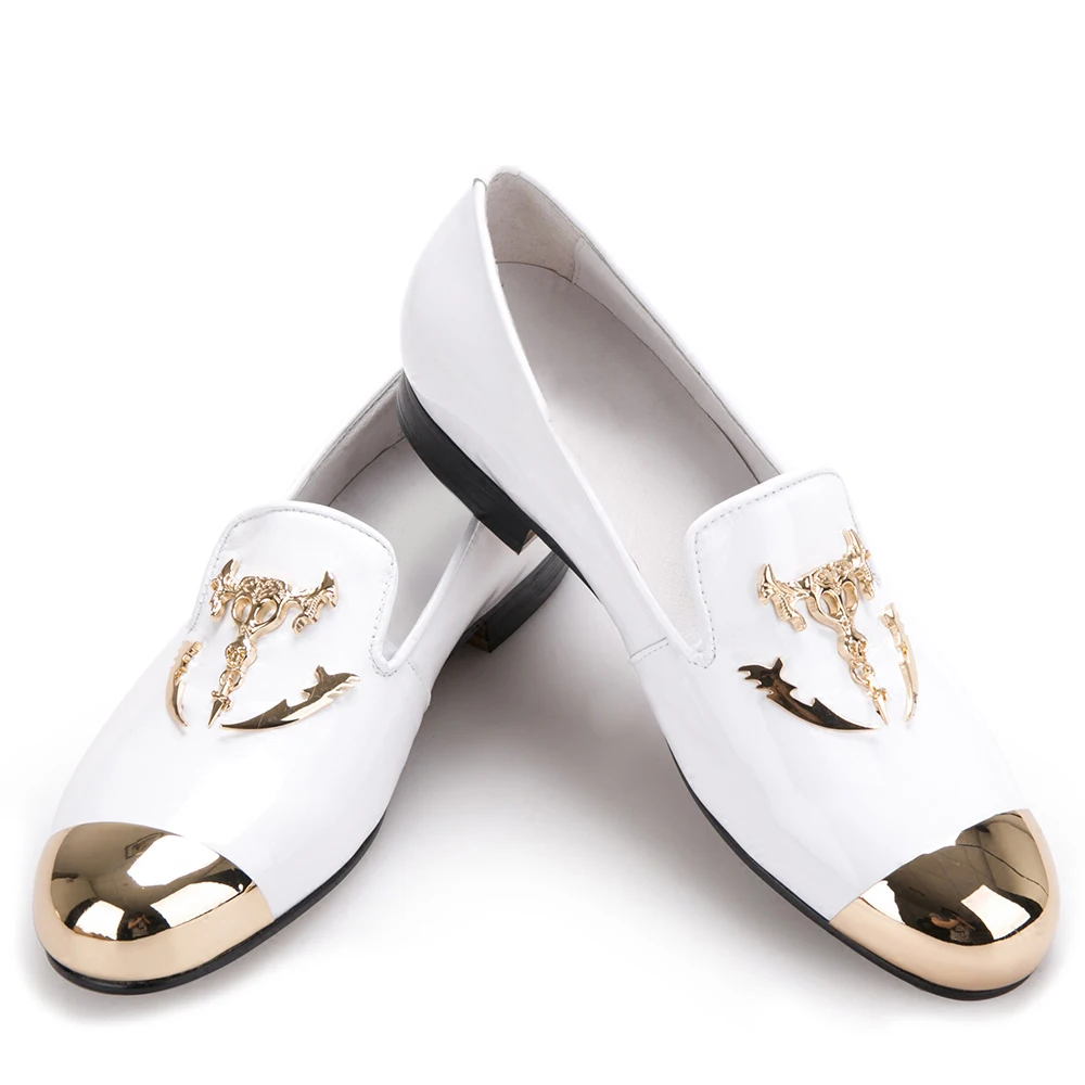 

Metal Toe and Metal Skull buckle Men Patent leather casual shoes Men party and wedding Loafers Men's Flats