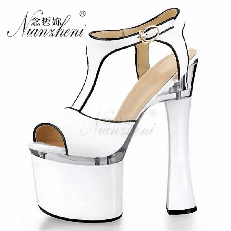 

18cm Womens Summer Platform Spool Heels Sandals White Pole dancing T-Strap Buckle Gladiator Shoes 8 Inch Sexy Evening High Heels