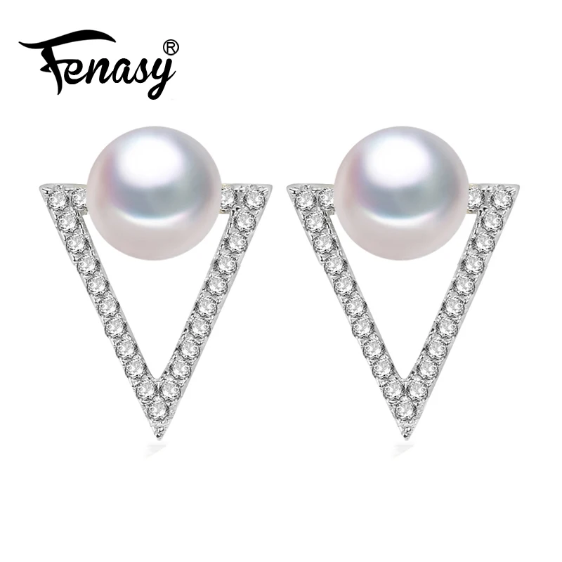 

FENASY Pearl Jewelry,Big Triangle Natural Pearl Earrings,Pearl beads with 925 Silver big ethnic stud earrings with stones