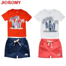 Детская летняя футболка с короткими рукавами и круглым вырезом для мальчиков, комплекты из топа и штанов, пляжные хлопковые комплекты с рисунками для малышей