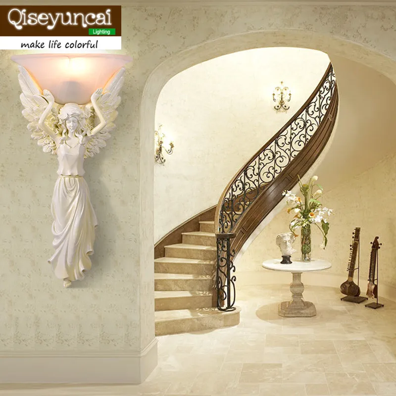 

Qiseyuncai 2018 new European Retro Resin Angel Wall lamp Living room backdrop Bedroom Bedside Aisle Corridor Wall lamp
