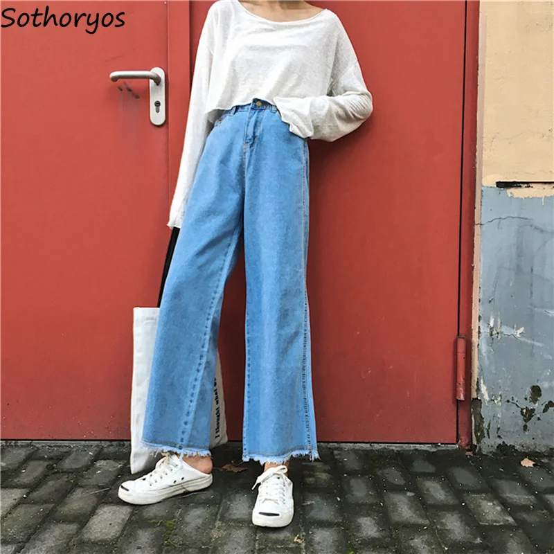 Jeans Women Denim Solid Ankle-Length Zipper Pockets Trendy Womens Wide Leg Pants Korean Style Sweet All-match Loose Leisure Girl