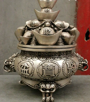 

wholesale factory 10 Folk Chinese Silver YuanBao Wealth Treasure Bowl Statue Incense Burner Censer