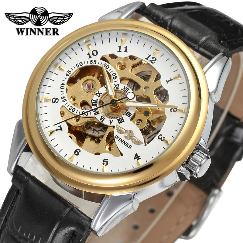 

Fashion WINNER Men Luxury Brand Skeleton Leather Strap Watch Casual Automatic Mechanical Wristwatches Gift Box Relogio Releges