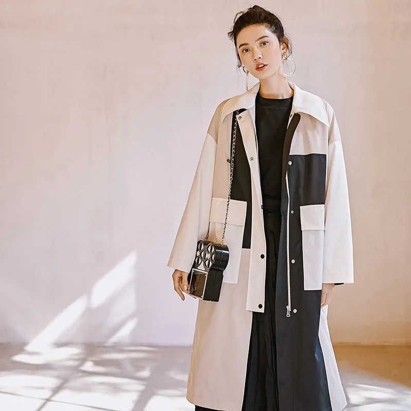 

LANMREM 2019 New Fashion Spring Persoanlity Windbreaker For Women Contrast Color Long Overcoat Female's Large Size Trench YG612