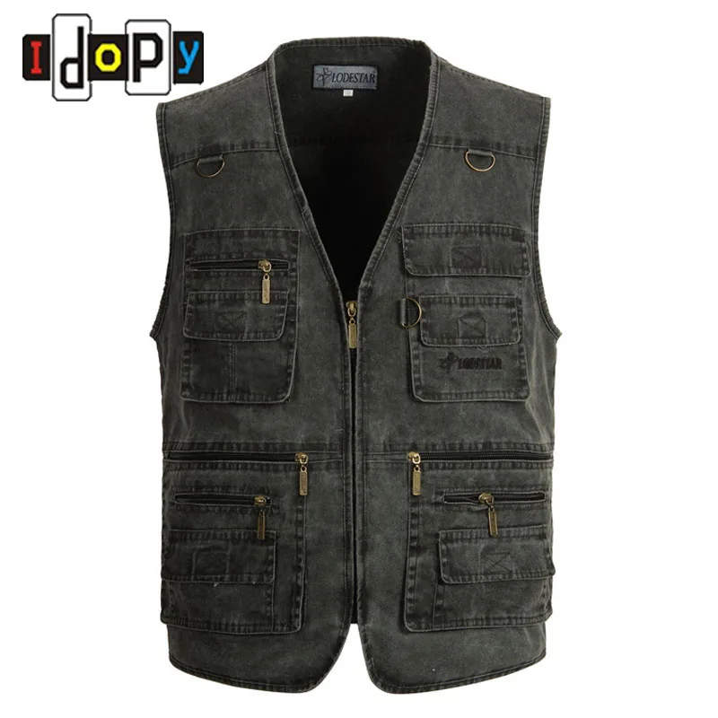 Spring Mens Denim Vest Multi Pocket Zippers Closure