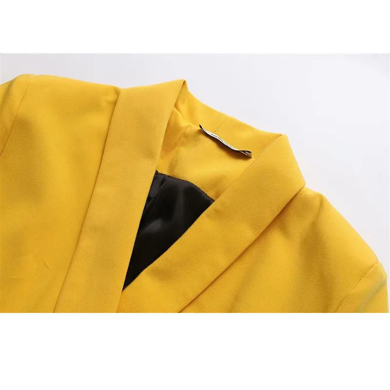 Весенняя новинка женщин двубортный костюм повседневная куртка женский нагрудные с длинными рукавами Элегантный женский желтый костюм