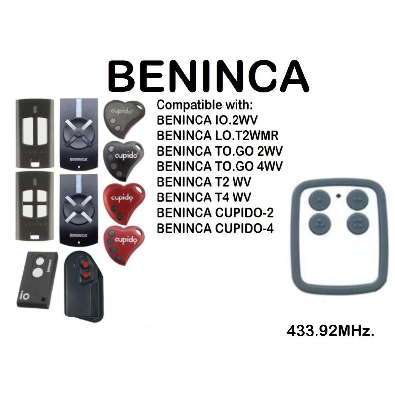 

BENINCA LO.T2WMS, T2WK/T4WK, TO.GO2WP/TO.GO4WP Compatible Remote Control Rolling code 433.92MHz