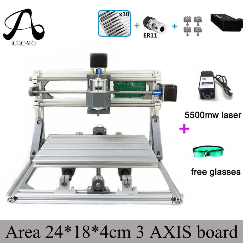 CNC Дерево Rounter 2418 GRBL управления Diy Мини станок с ЧПУ, рабочая зона 24x18x4 см, 3 оси Pcb фрезерный станок, фрезерный станок по дереву - Цвет: 2418 5500mw laser