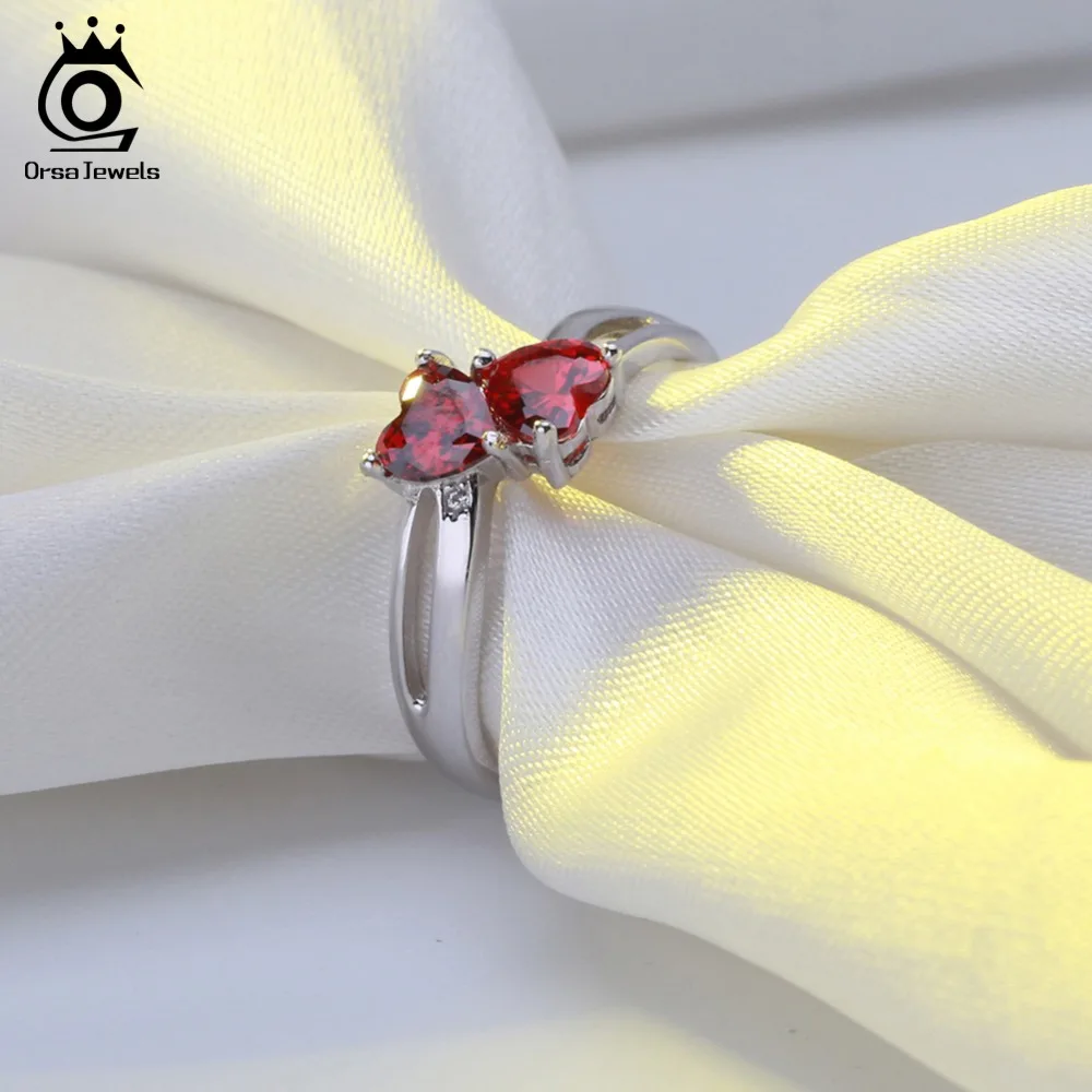 ORSA JEWELS Genuine 925 Sterling Silver Women Rings Double Heart Shape AAA Red Cubic Zircon Female Party Ring Jewelry SR58-R