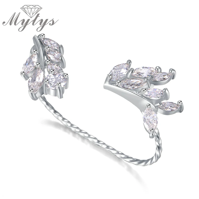 Mytys Открытое кольцо-манжета модное два кольцо на палец для женщин Серебряный Цвет кубический цирконий дизайн в виде листьев R1074