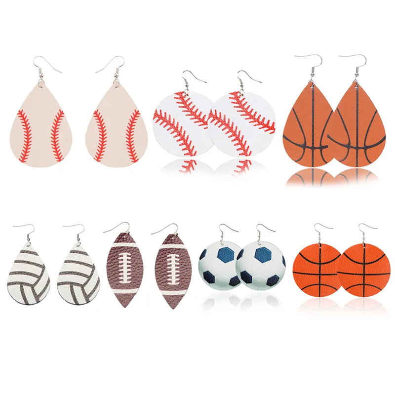 

Creative Handmade Leather Ball Game Pendant Earrings Sport Style Ear Hoop Baseball Basketball Football Softball Rugby Volleyball
