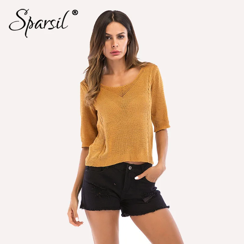 

Sparsil Women Maxi Knitted Sweater Half Sleeve Solid Hollow Pullovers Thin O-Neck Ladies' Sweaters All Match Summer Casual Lady