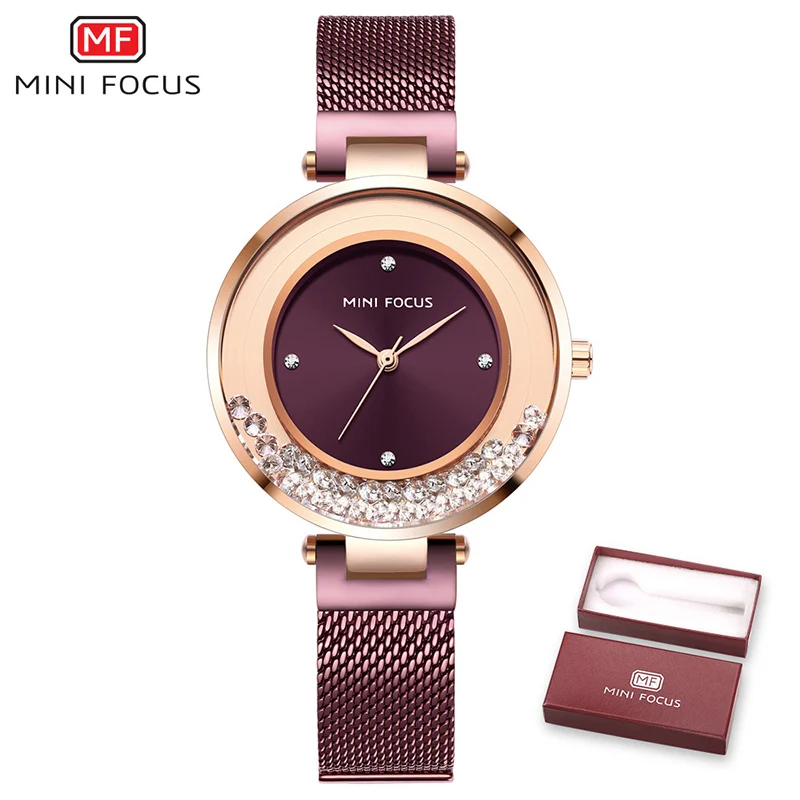 Purple MINIFOCUS женские часы люксовый бренд модные повседневные женские часы кварцевые платье леди Стразы Наручные часы для женщин s синие часы - Цвет: Purple