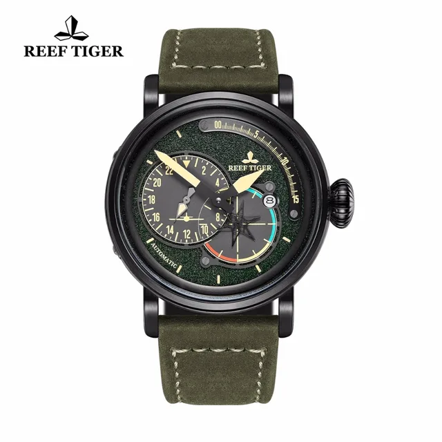 $US $207.90  Reef Tiger/RT Black Steel Military Watches for Men Automatic Pilot Watch Genuine Leather Strap RGA3