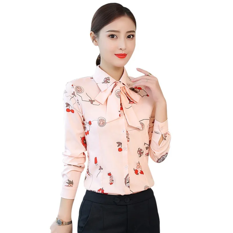 Women Turn Down Collar Blouse Formal Bow Long Sleeve