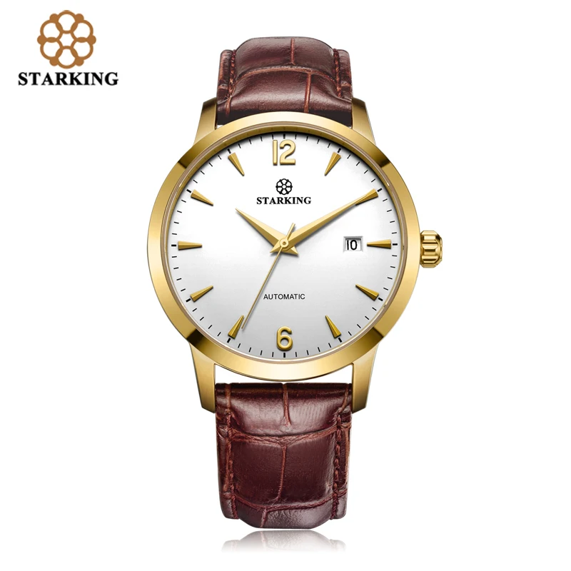 STARKING الرجال الميكانيكية ووتش الذهب حالة البني جلد طبيعي حزام 28800 يدق التلقائي الذاتي الرياح ساعة اليد الذكور الهدايا AM0194