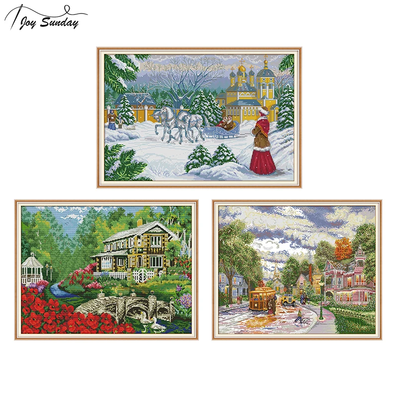 

Joy Sunday Town Evening Landscape Painting DMC Cross Stitch Kit Aida Fabric Printed Canvas Embroidery Kit Crossstitch Needlework