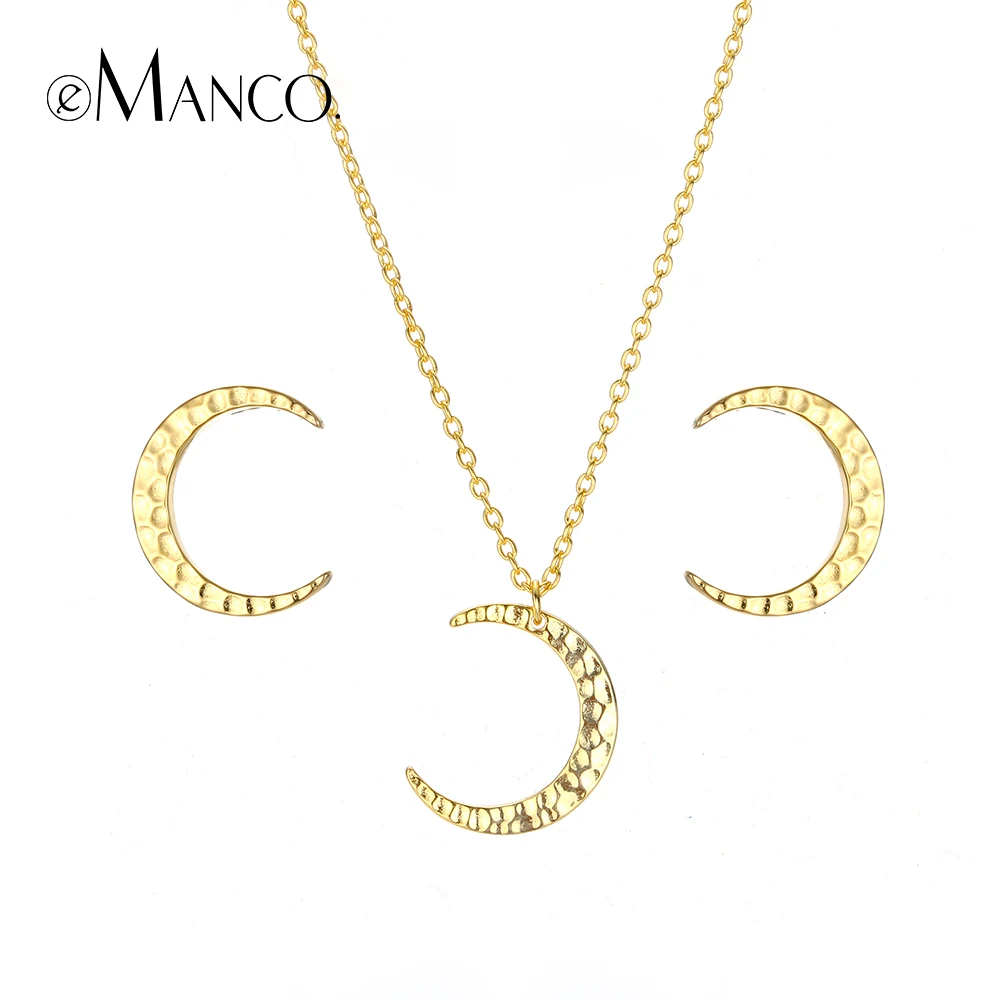 e-Manco 925 Sterling Silver Pendant Necklaces with Earrings Moon Shape Statement Jewelry Set For Women Two Color Friendship Gift