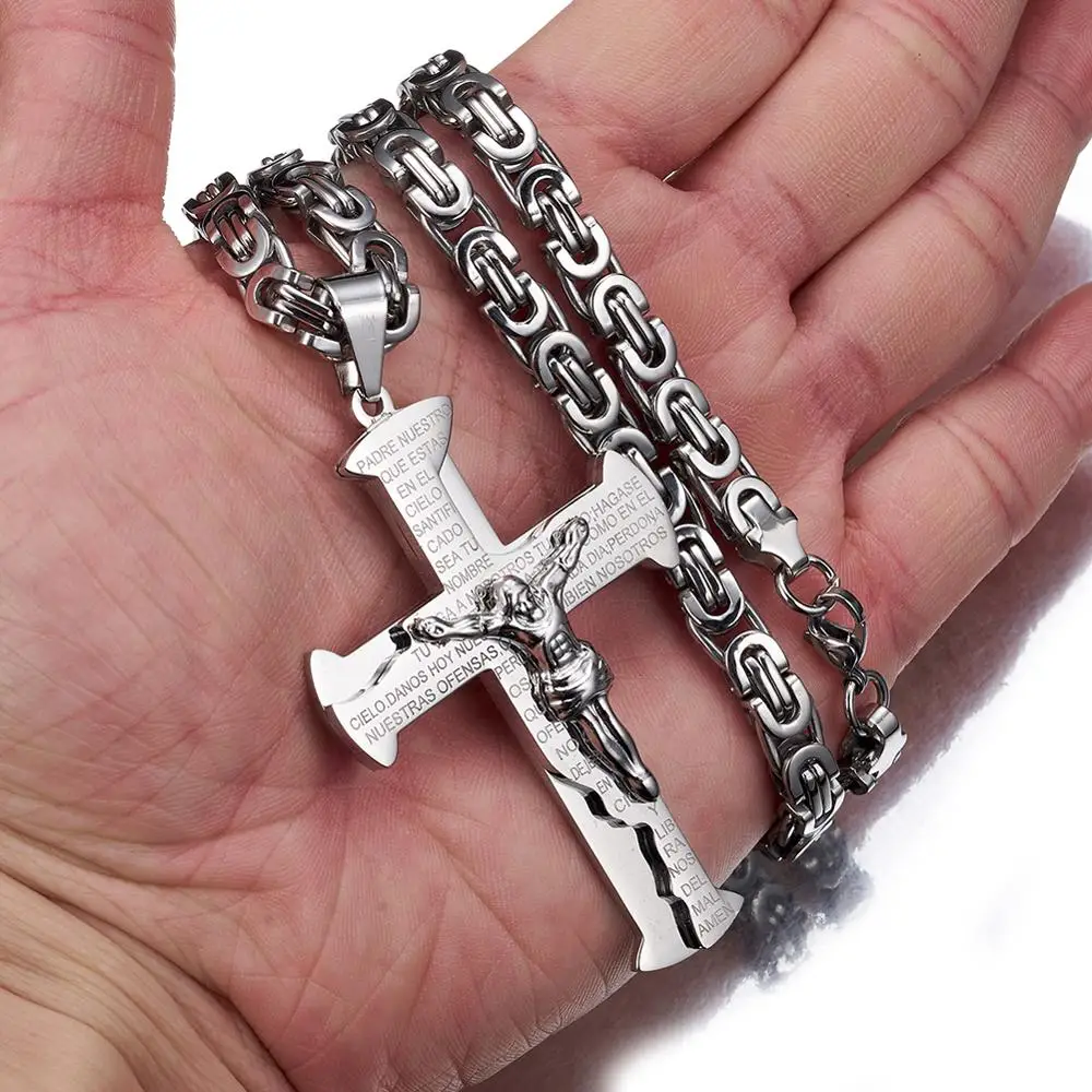 Elegant Jesus Crucifixion Cross Pendant Necklace - Gold, Silver, Black Stainless Steel Byzantine Chain