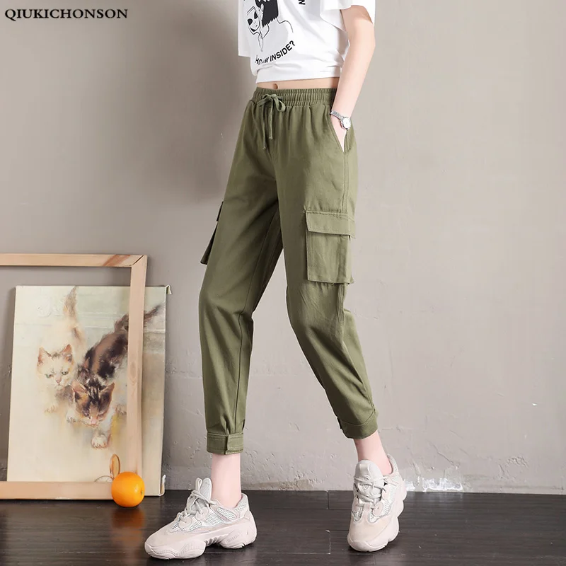 

Qiukichonson High Waist Casual Loose Joggers Women Cargo Pants 2019 Spring New Fashion Harem Pants Pockets Black Capris Trousers
