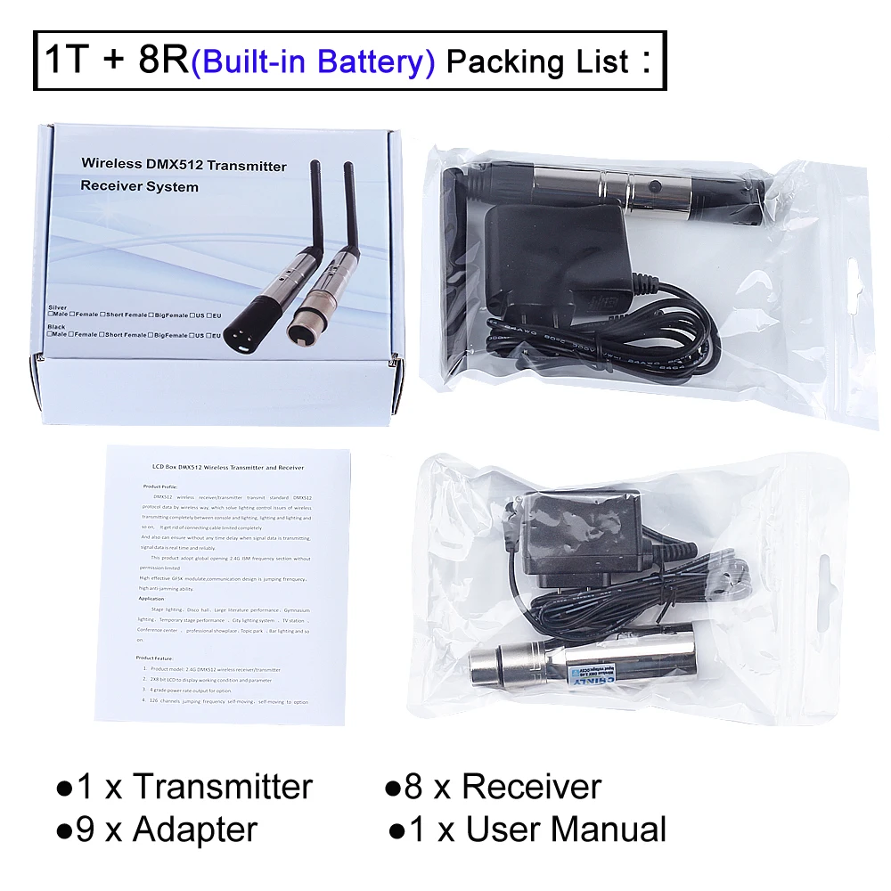 DMX512 контроллер беспроводной 2,4G передатчик+ Встроенный аккумулятор Комплект приемников для DJ Клубные вечерние сцены DMX эффект освещения 1+ 8 шт
