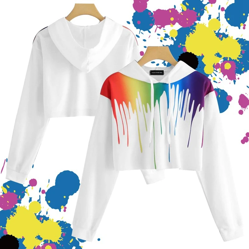 

2019 New Arrival Personalized Sweat Shirts for Women Girls Autumn Casual Ink-printed Navel Loose Long-sleeved Hooded Sweat Shirt