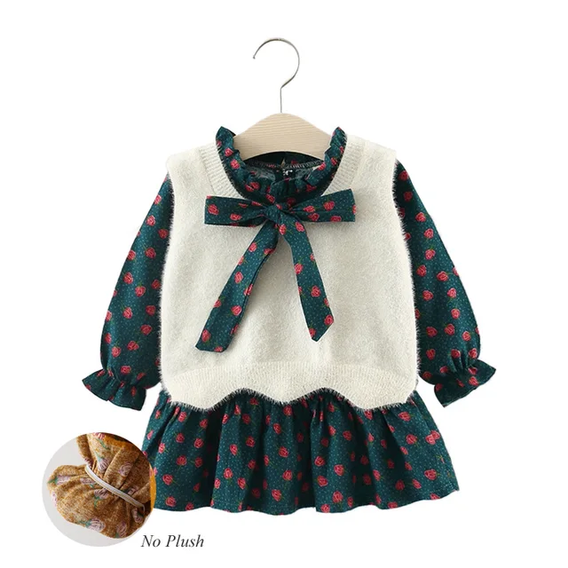 2PCS Baby Dress Winter Plush Lining Floral Baby Girl Winter Clothes Dresses Bow Cotton Long