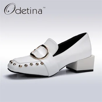 

Odetina 2018 New Fashion Square Toe Womens Chunky Heel Pumps Buckle Slip on Loafers Rivets Shoes with Mid Heels Big Size 32-43