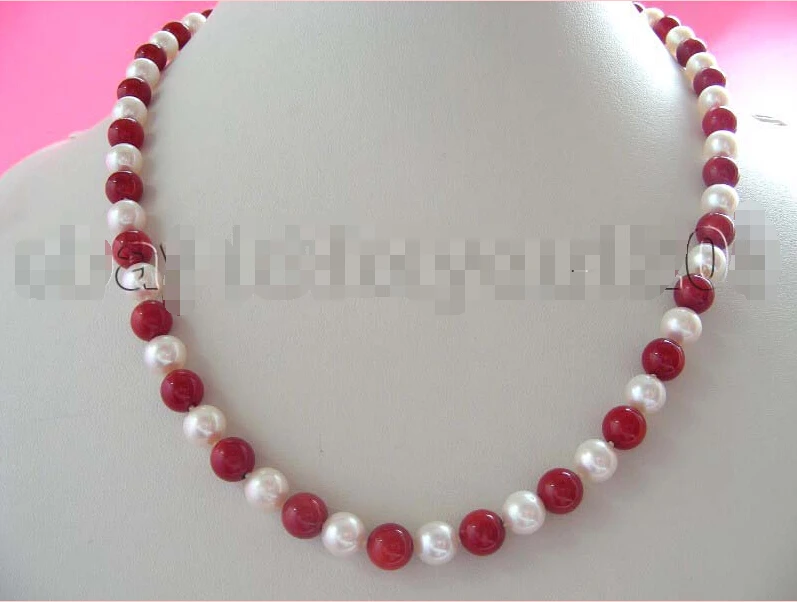 

22" Natural 8mm White Pearl Red Coral Necklace 14K! (A0325)