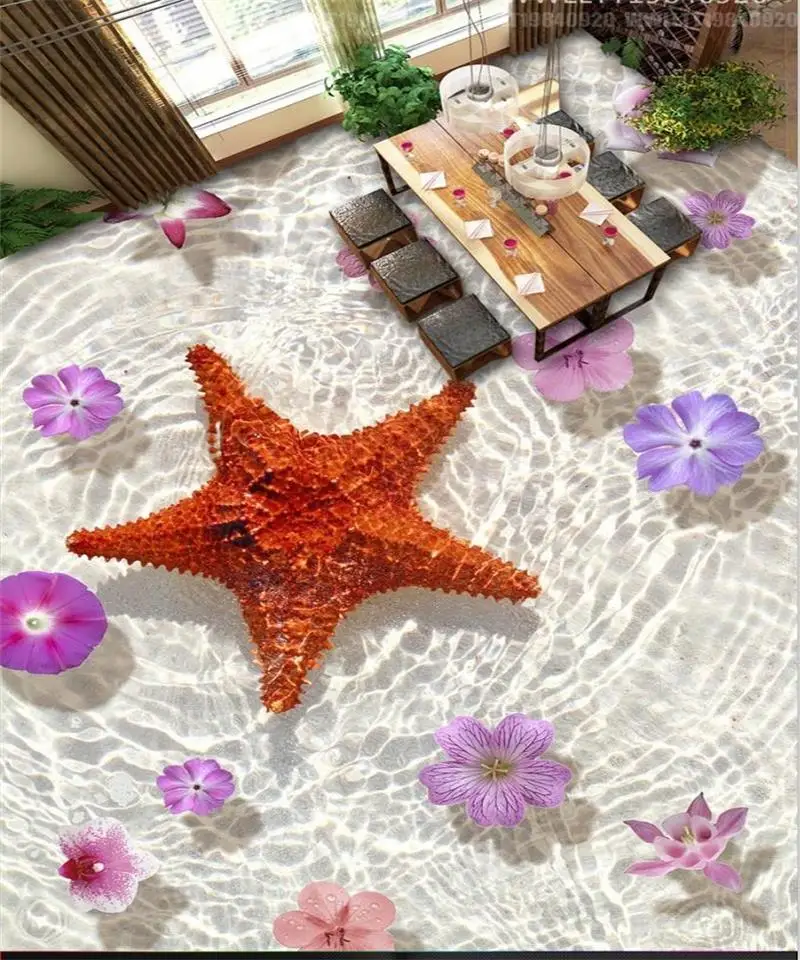 

custom 3d photo mural wallpaper room floor wallpaper wave starfish flower photo painting PVC wallpaper self-adhesive floor mural