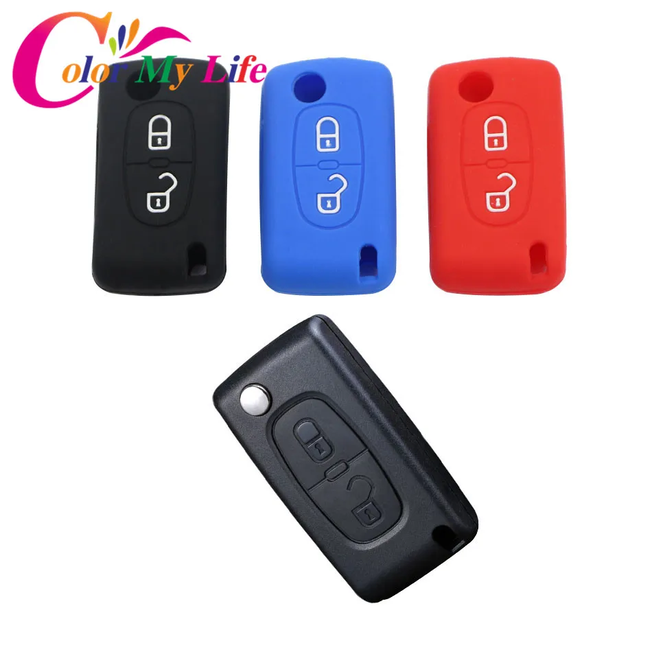 

Color My Life Silicone Remote Key Cover Bag Case Fob for Peugeot 107 207 307 307S 308 407 607 Accessories 2Button Fold Key Cover
