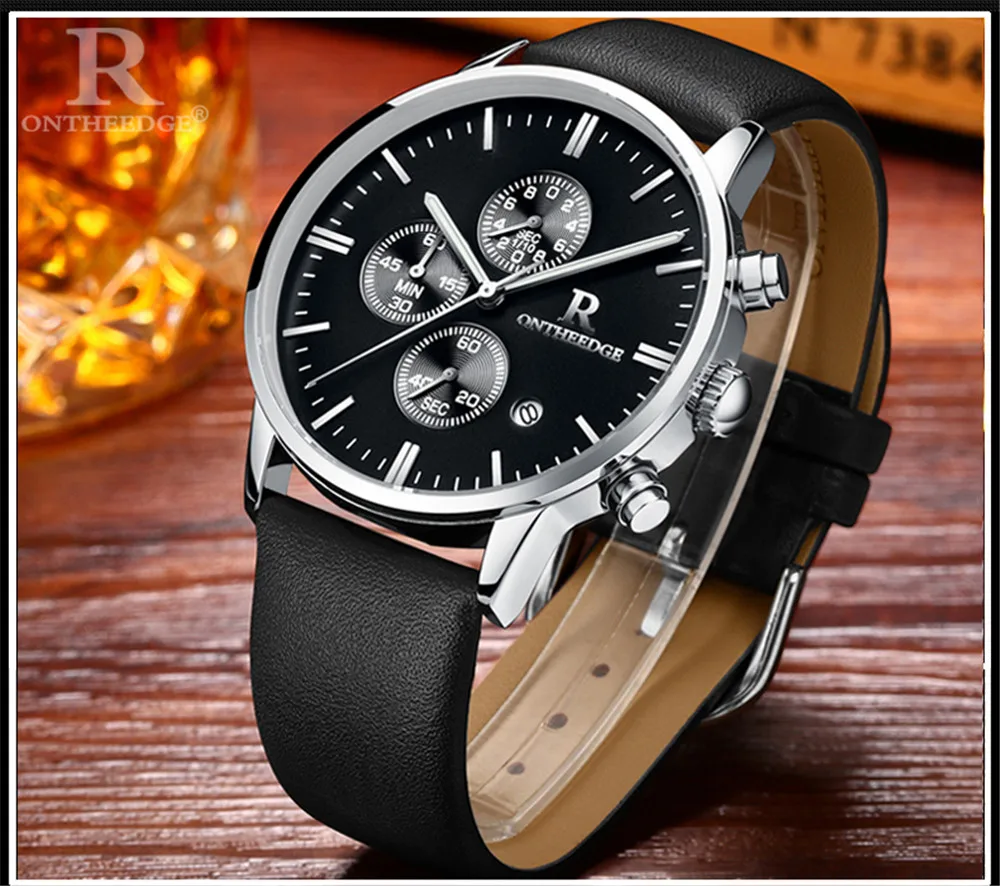

Genuine Leather Strap Slim Man Watches Chronograph Movt 30M Waterproof ONTHEEDGE Brand