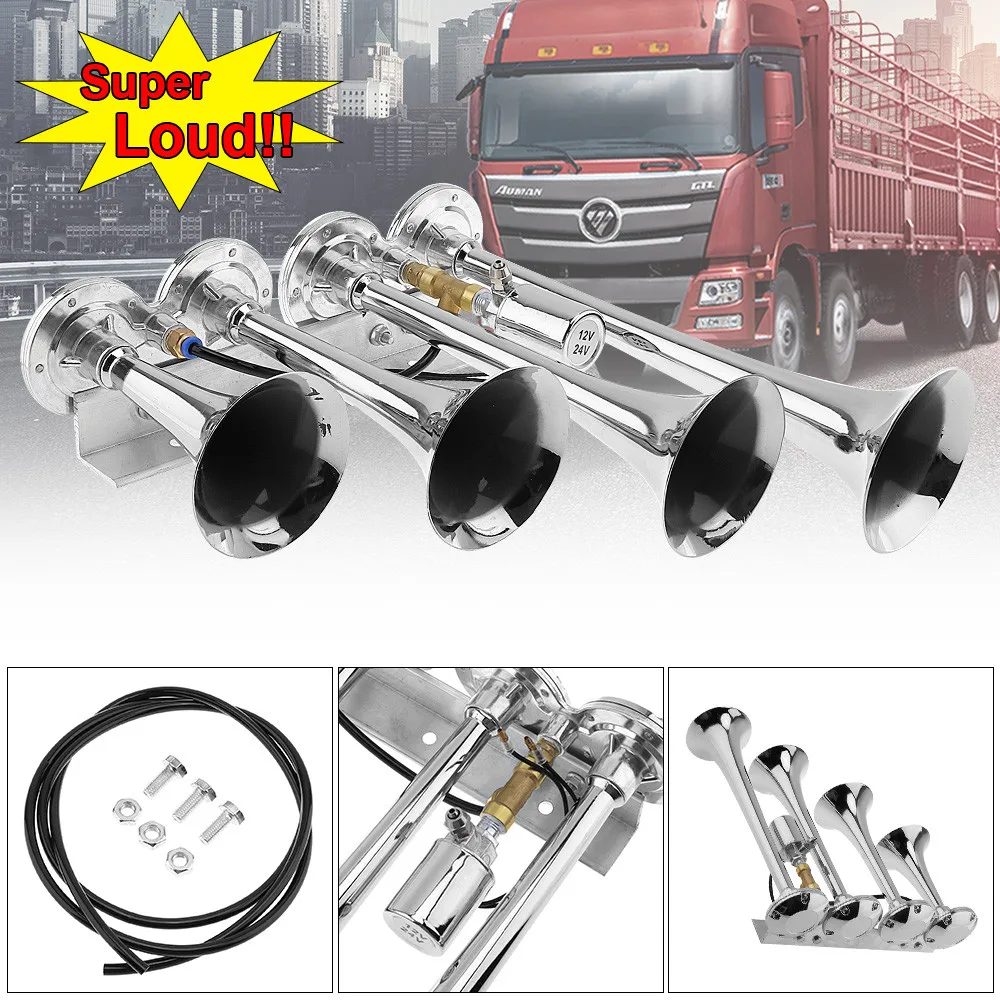 12V / 24V 185dB супер громкий звуковой сигнал четыре труба воздушный рожок для грузовой