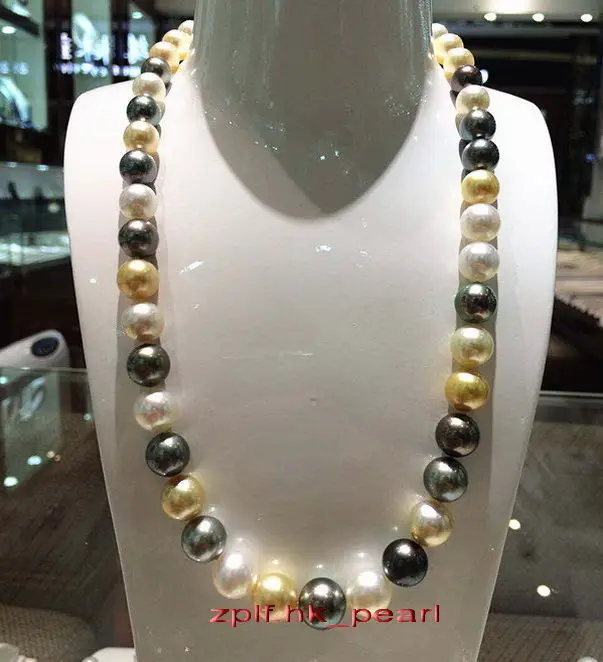 

20"10-11mm real south sea white black golden Multicolor pearl necklace 14K (9.13)