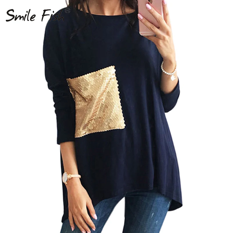 

Women Plus Size Blouse O Neck Long Bottoming Shirts Sequined Tops 2019 Female Blusa Autumn Asymmetric Tunic Shirt Blouses LX101