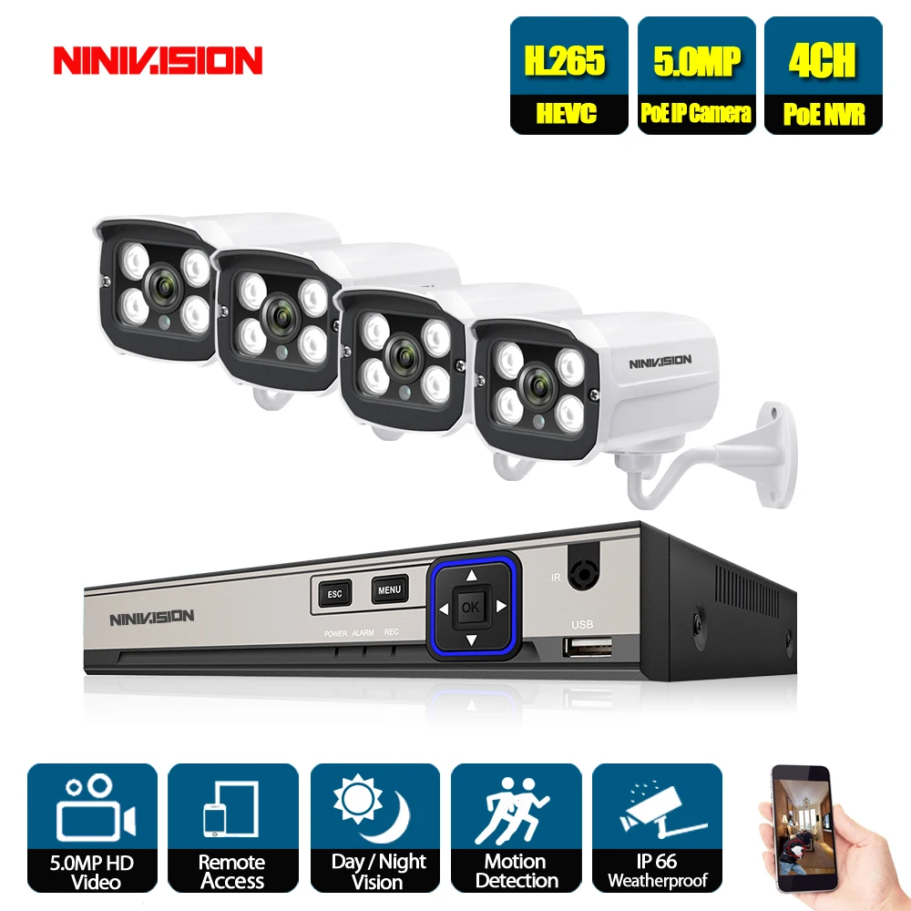 

Full HD 5MP 4 Channel CCTV System 4PCS 5MP Metal Outdoor IP Camera 4CH POE NVR CCTV Kit P2P H.265 Video Surveillance POE NVR Set