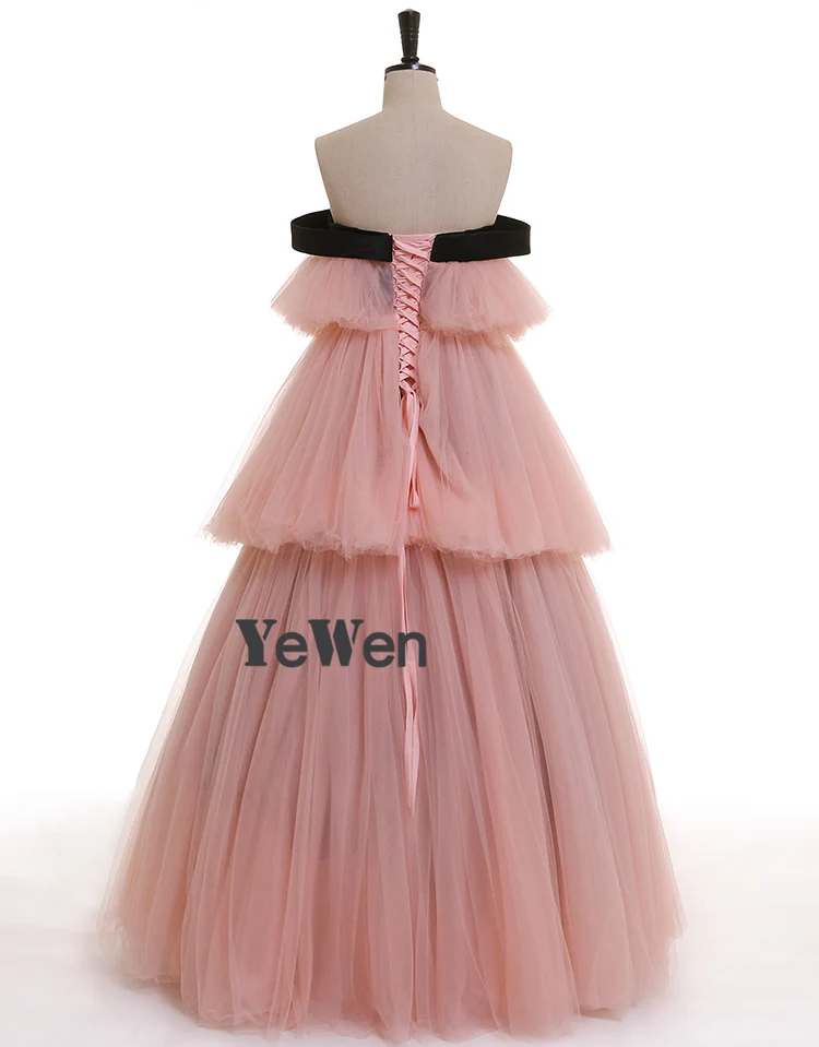 long gown YeWen 2020 Off The Shoulder Cake Shape Pink Sexy A-line Tulle Ball Gown Evening Dress Prom Dresses Vestido De Noiva Real Picture gold evening gowns