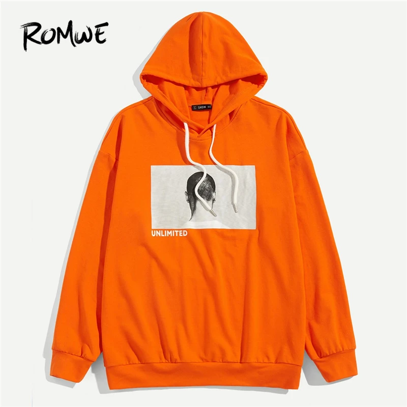 

ROMWE Men Orange Drawstring Graphic Print Hoodie Autumn Casual Clothes 2019 Clothing Fashion Long Sleeve Spring Mens Sweatshirt
