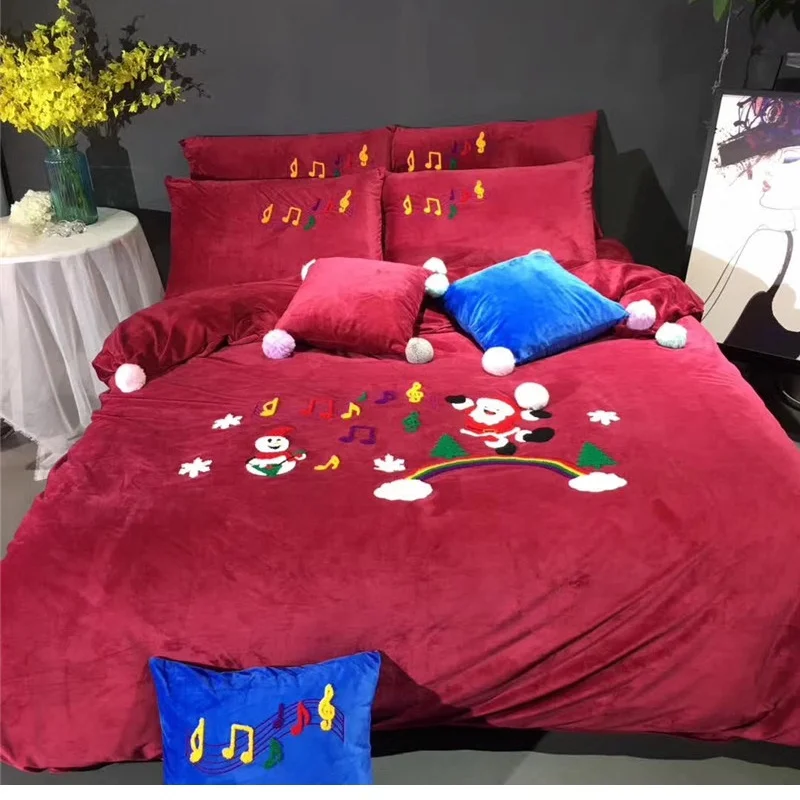 Christmas Santa Snowman Red Blue Flannel Fleece Warm Bedding set Winter