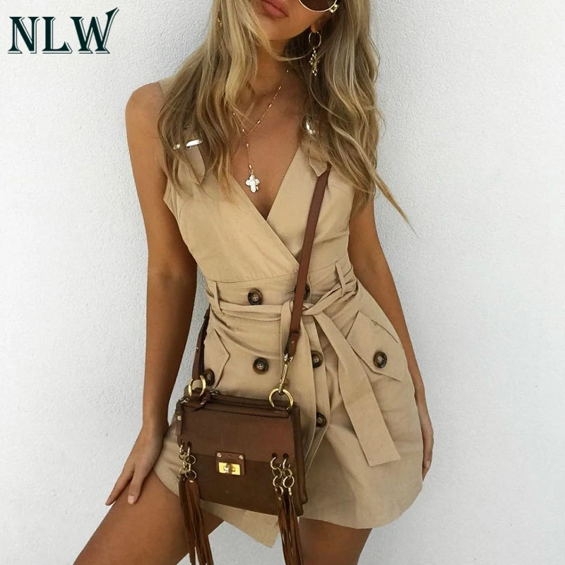

NLW Short Button Belt Tie Blazer Dress Khaki Strapless Solid White Sexy Party Dresses Bodycon Dress Vestidos