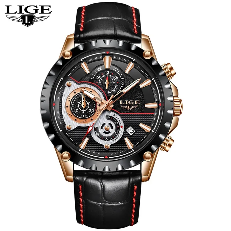 

LIGE Rose Gold Watches men Top Brand Luxury Mens Sport Quartz Watch Military Chronograph Leather Fashion Clock Relogio Masculino