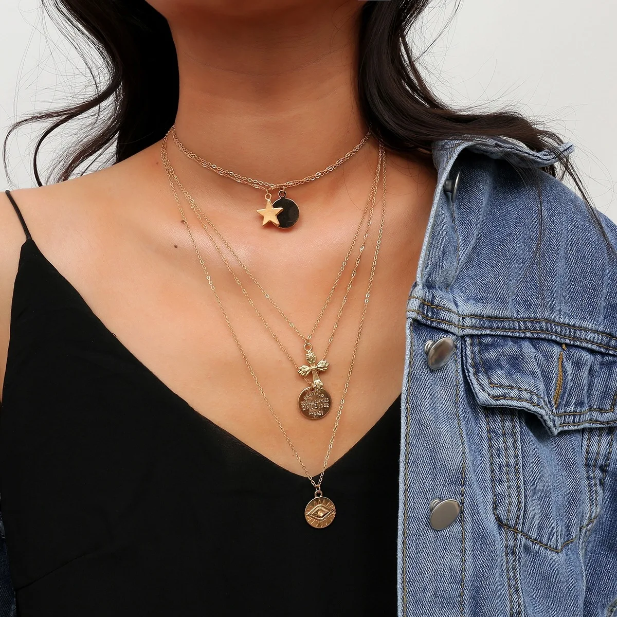 

Personality Retro Coin Star Cross Female Simple Geometric Gold Color Multi-layer Necklace Women Hip Hop Jewlery