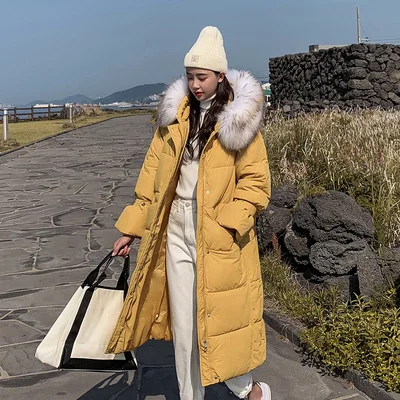 yellow Tie sleeve Модные пуховые хлопковые пальто женские длинные корейские тонкие парки новые зимние толстые теплые меховые куртки с капюшоном xa53 - Цвет: yellow Tie sleeve