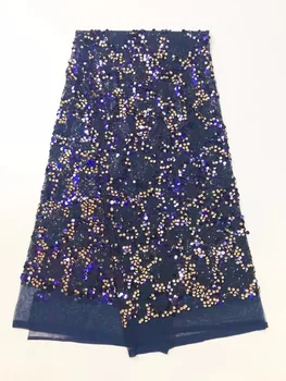 

2018 African Lace Fabrics High Quality Cord Guipure Lace Fabric Women Nigerian Water Soluble Lace Fabric With Blue Gold Sequins